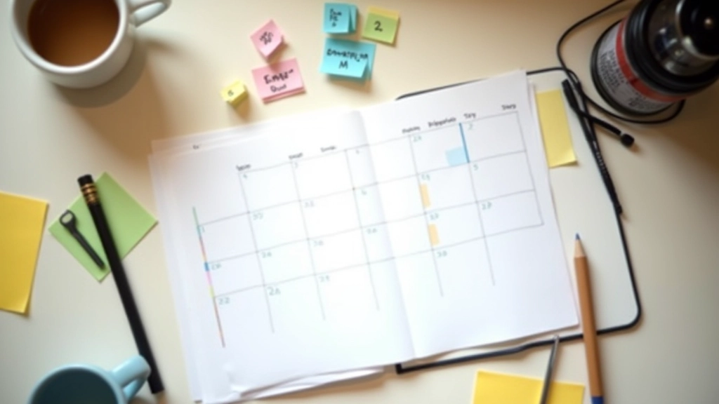 Calendario su una scrivania che mostra una pianificazione di aggiornamenti per campagna, con note sulle date e i temi dei messaggi