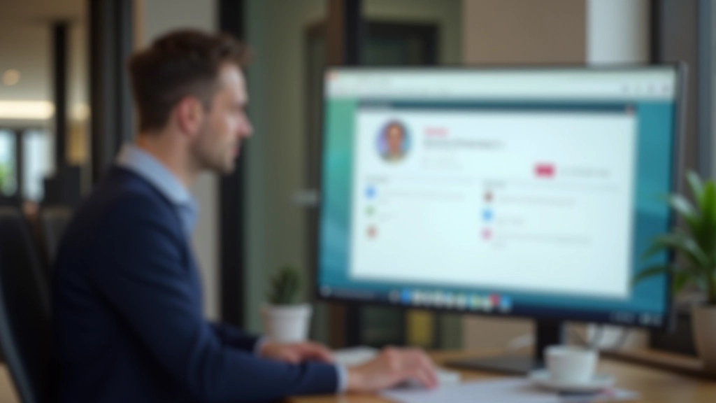 Persona che lavora su una lista email, schermo con segmentazione di contatti, ufficio moderno con naturale illuminazione