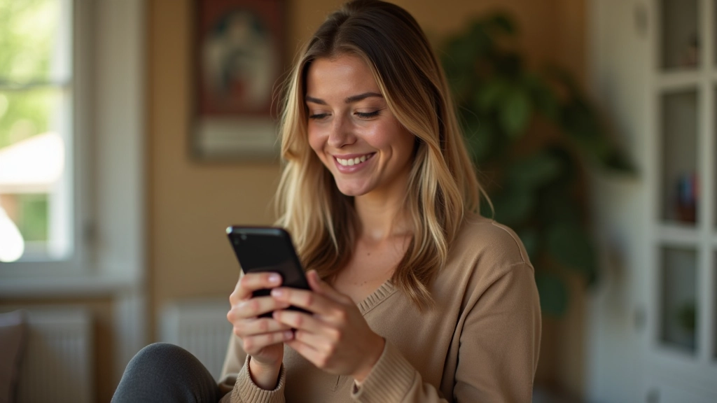 Persona che legge una email ben scritta su uno smartphone, sorriso di approvazione, ambiente luminoso