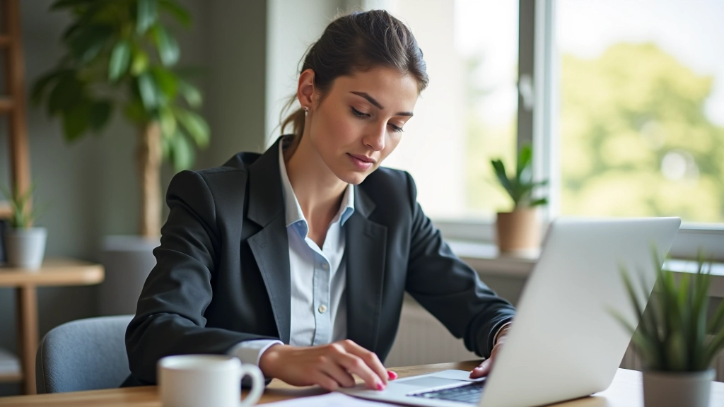 Donna che scrive un aggiornamento sulla campagna al suo laptop, seduta alla scrivania con appunti e un caffè, luce naturale dalla finestra